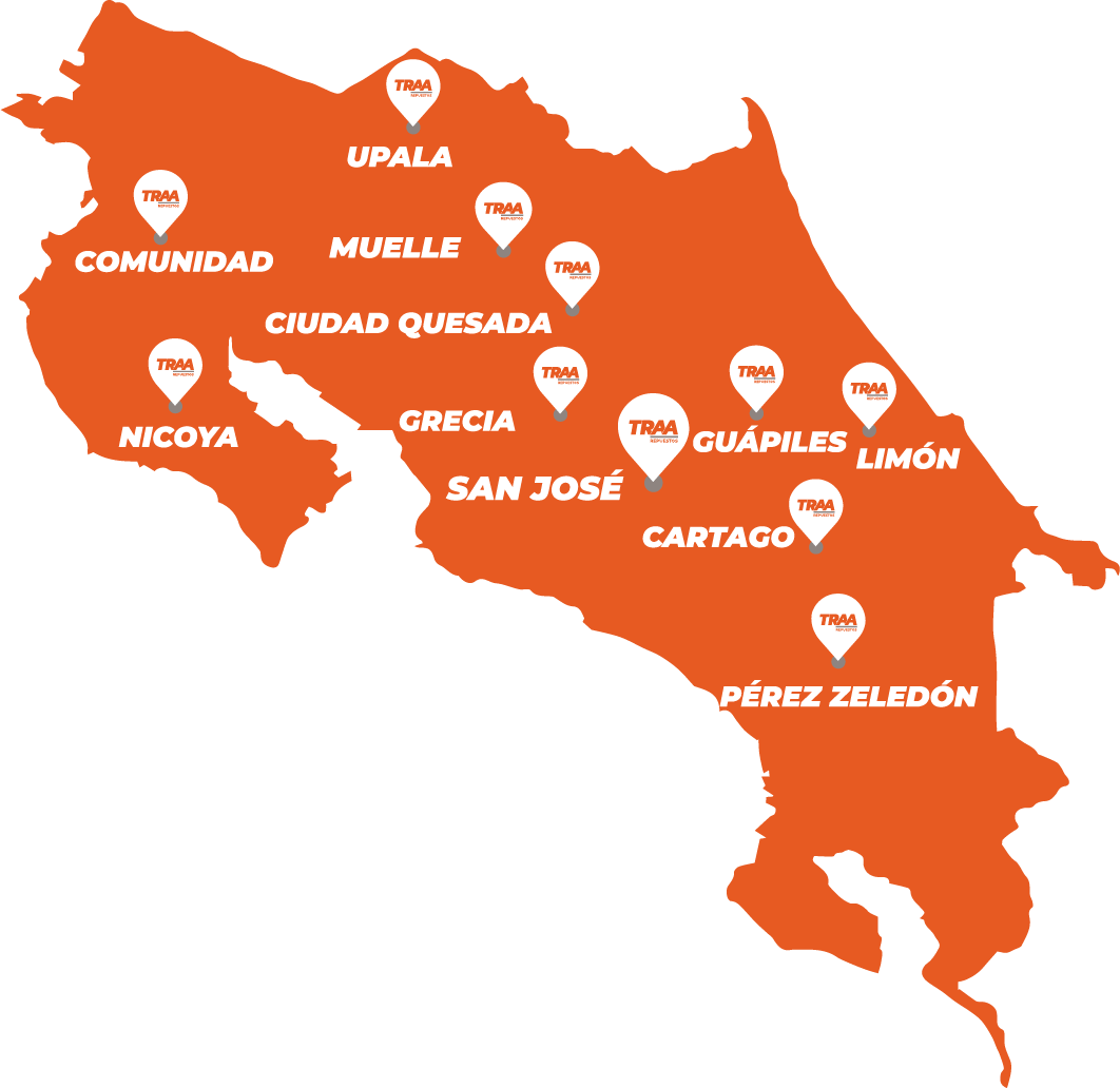Mapa de Costa Rica con las 11 sucursales TRAA Repuestos: Upala, Comunidad, Muelle, Ciudad Quesada, Nicoya, Grecia, San José, Guápiles, Limón, Cartago y Pérez Zeledón